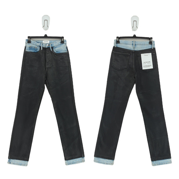 Frame Women 24 Le Sylvie Slender Straight Jeans Black Ice Coated High Rise Combo - Picture 1 of 7